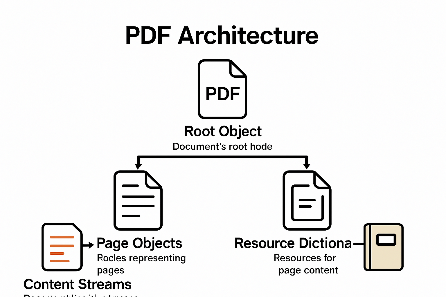 Infographic showing core PDF structure components and relationships