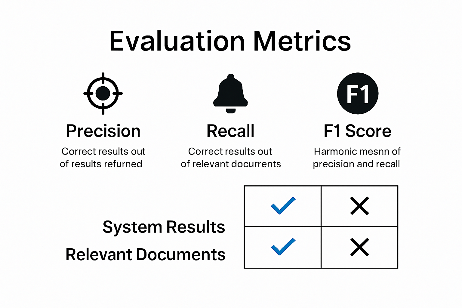 Infographic comparing precision, recall, and F1 score in document search