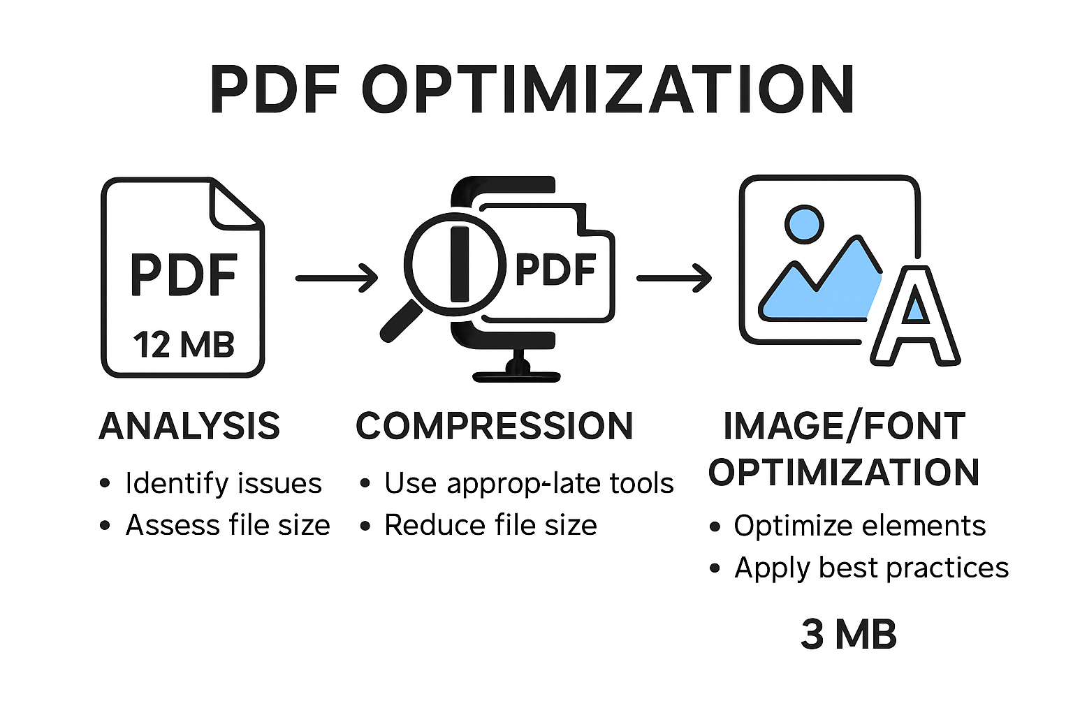 PDF file size optimization process step-by-step infographic
