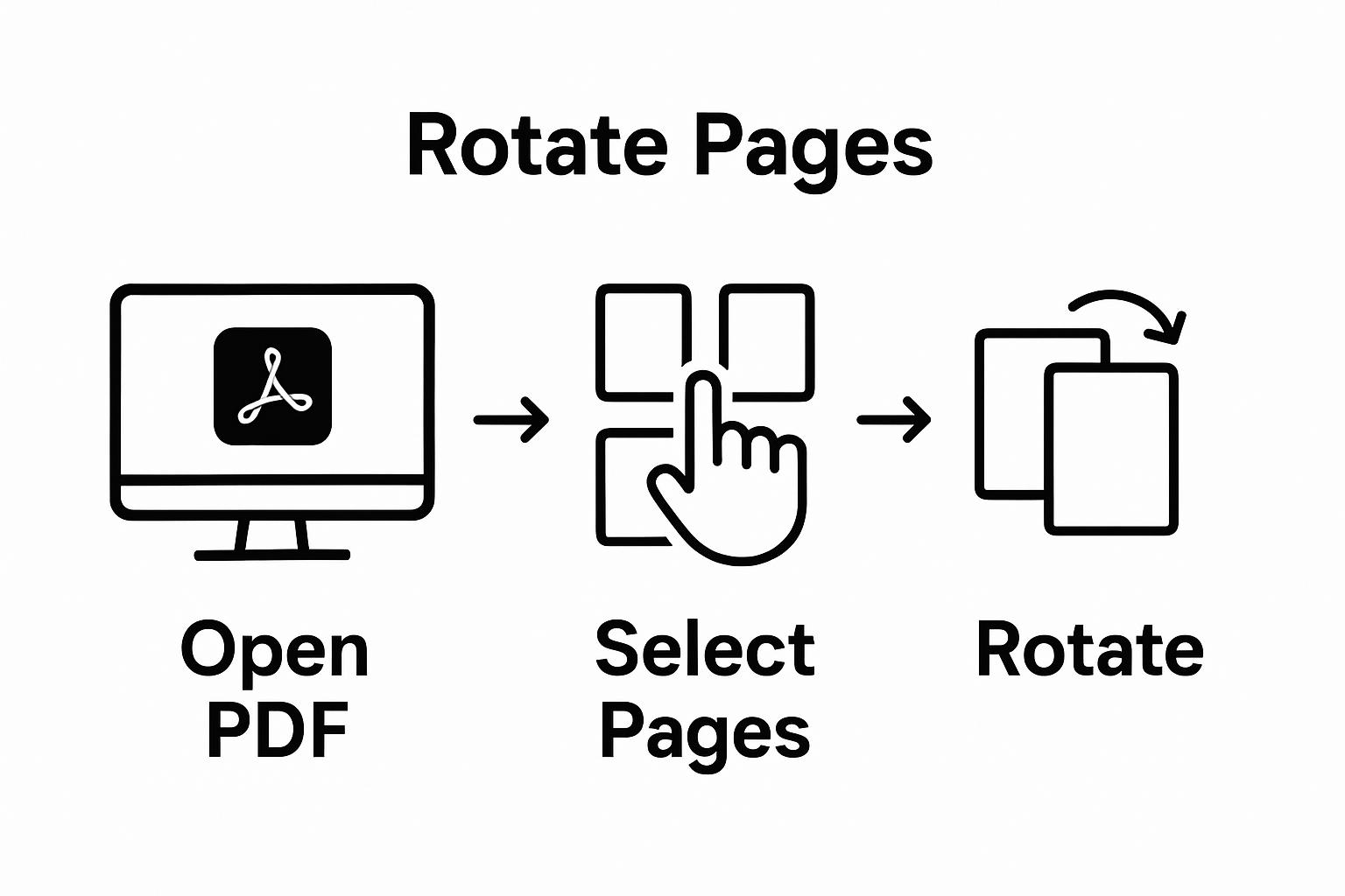 Simple three-step infographic showing open PDF, select pages, rotate pages