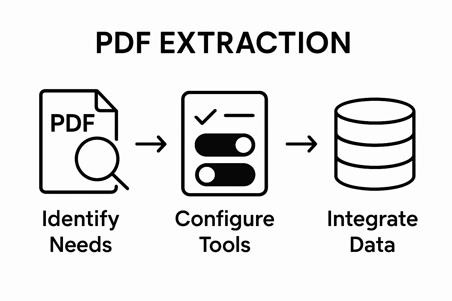 Three-step automated PDF data extraction workflow infographic with icons