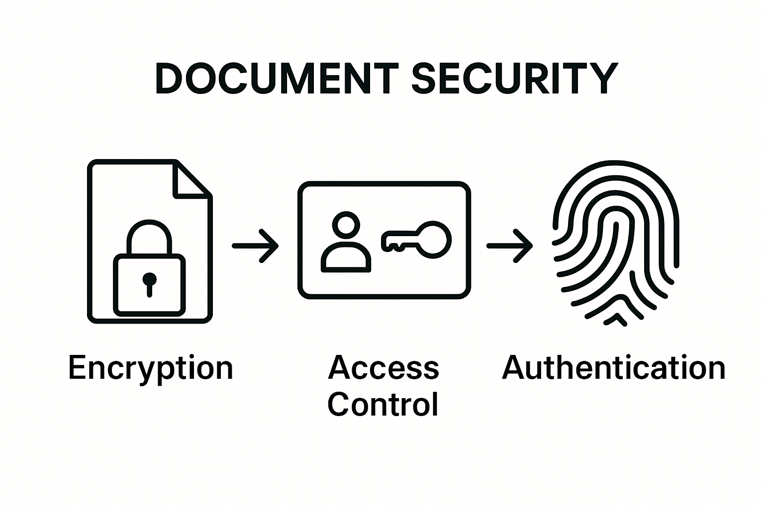 Three icons representing encryption, access, authentication