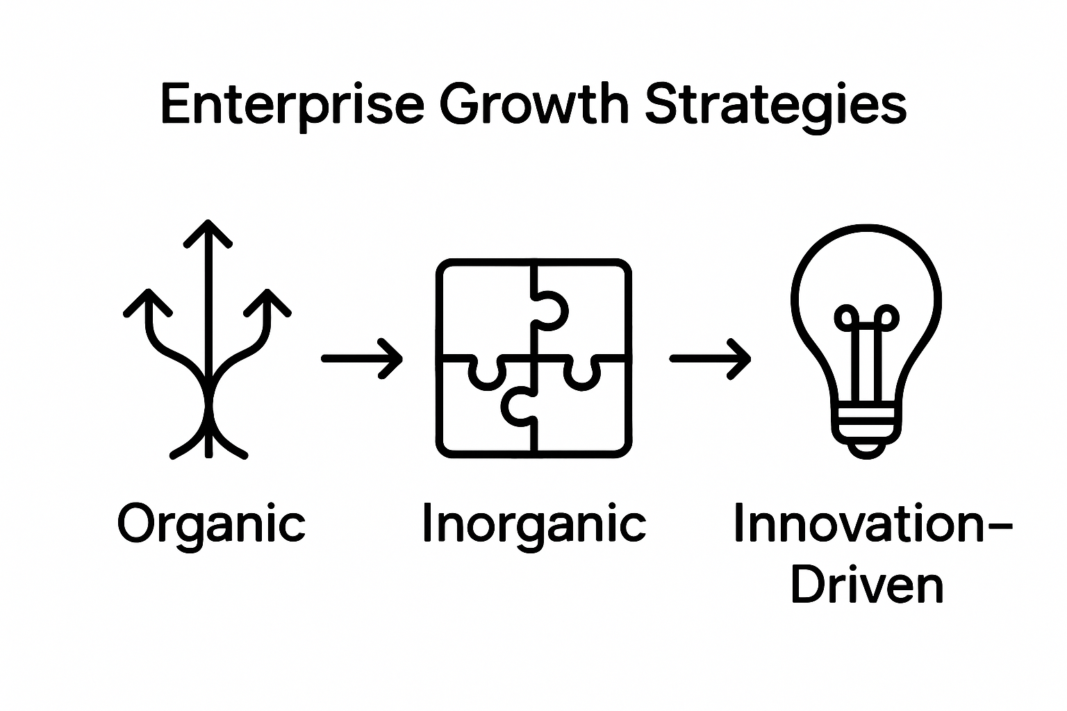Three simple icons illustrating organic, inorganic, and innovation-driven growth strategies