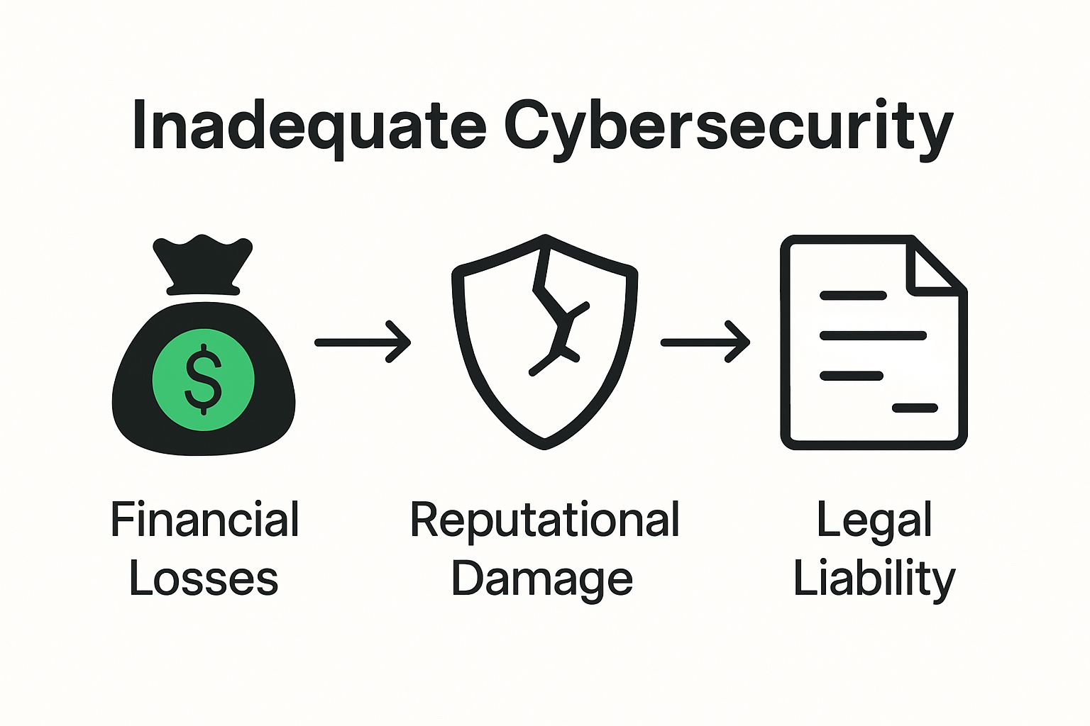 Infographic showing consequences of poor cybersecurity: financial loss, reputation damage, legal risk