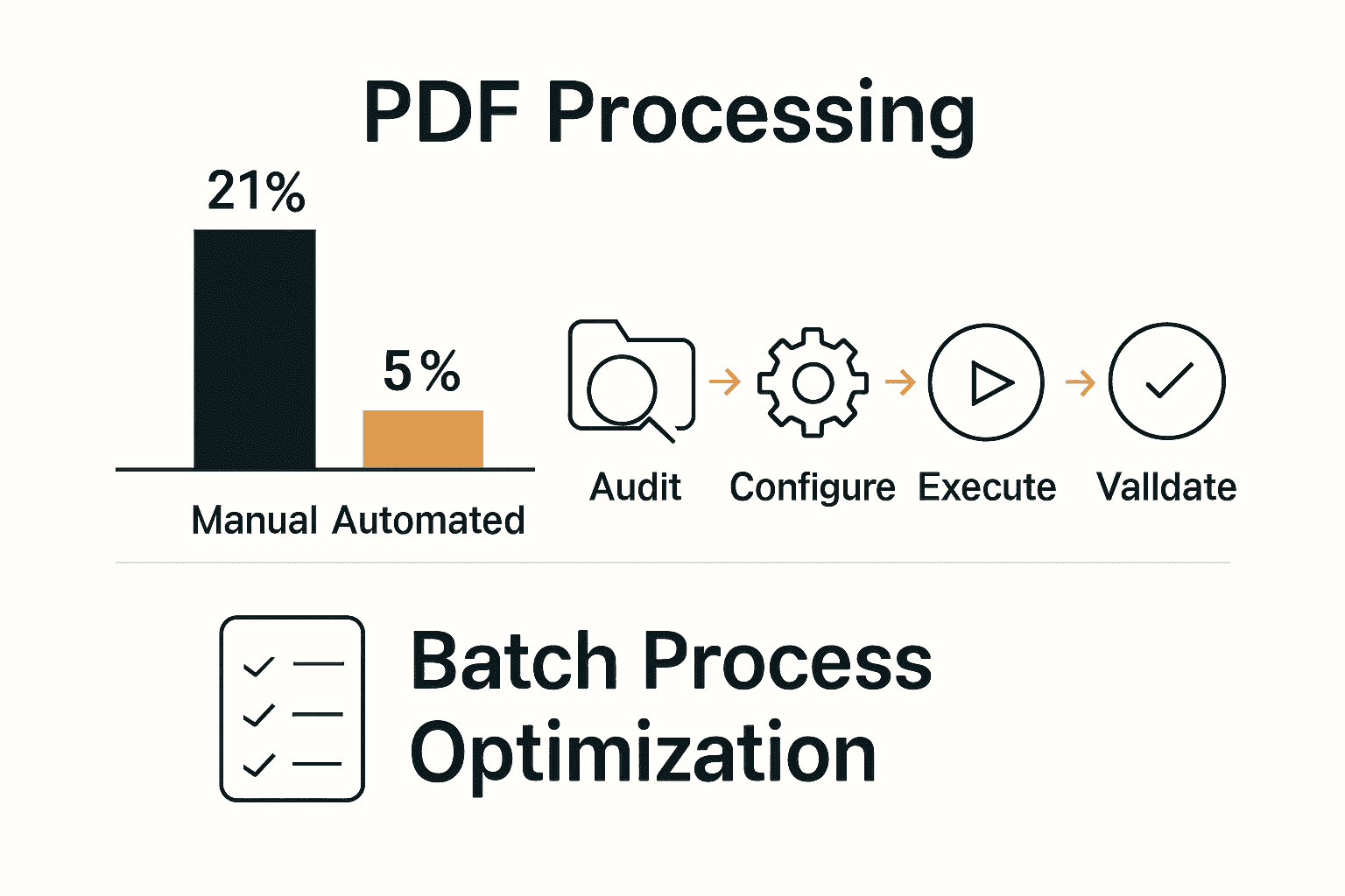 Infographic comparing manual and automated PDF batch workflows, highlighting time savings and process steps.