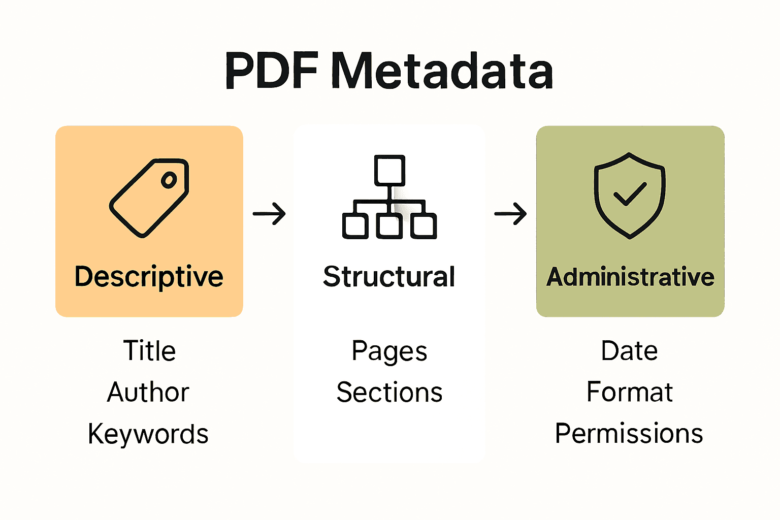 Infographic comparing descriptive, structural, administrative metadata types in PDFs