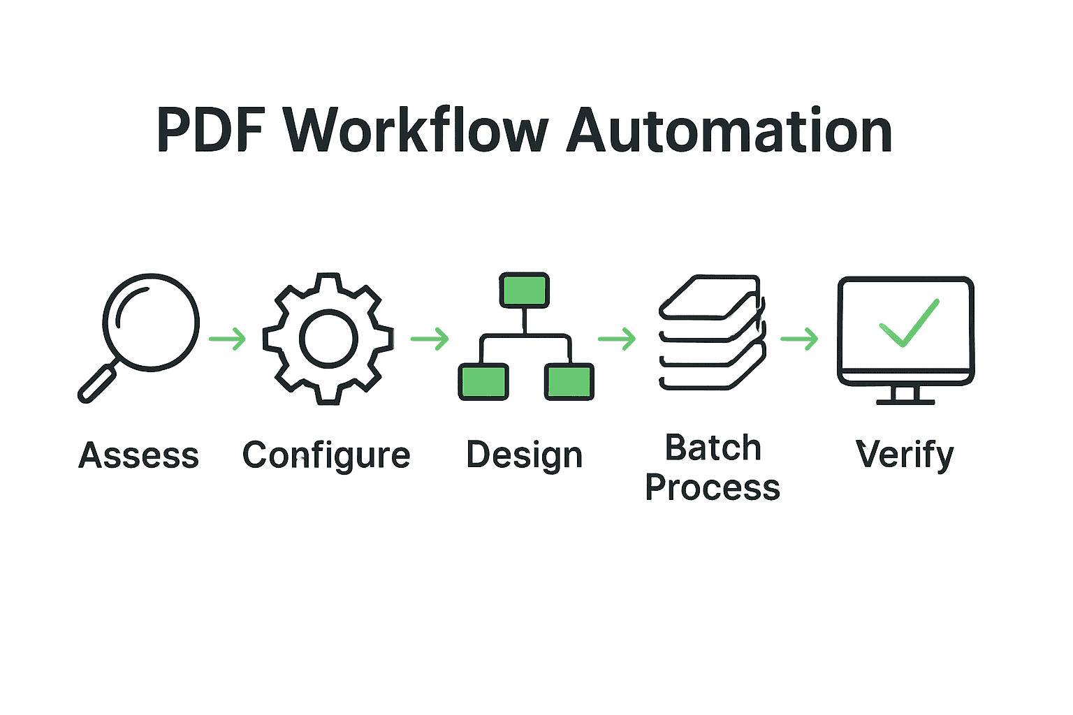 Infographic showing 5 steps of PDF workflow automation with icons and arrows.