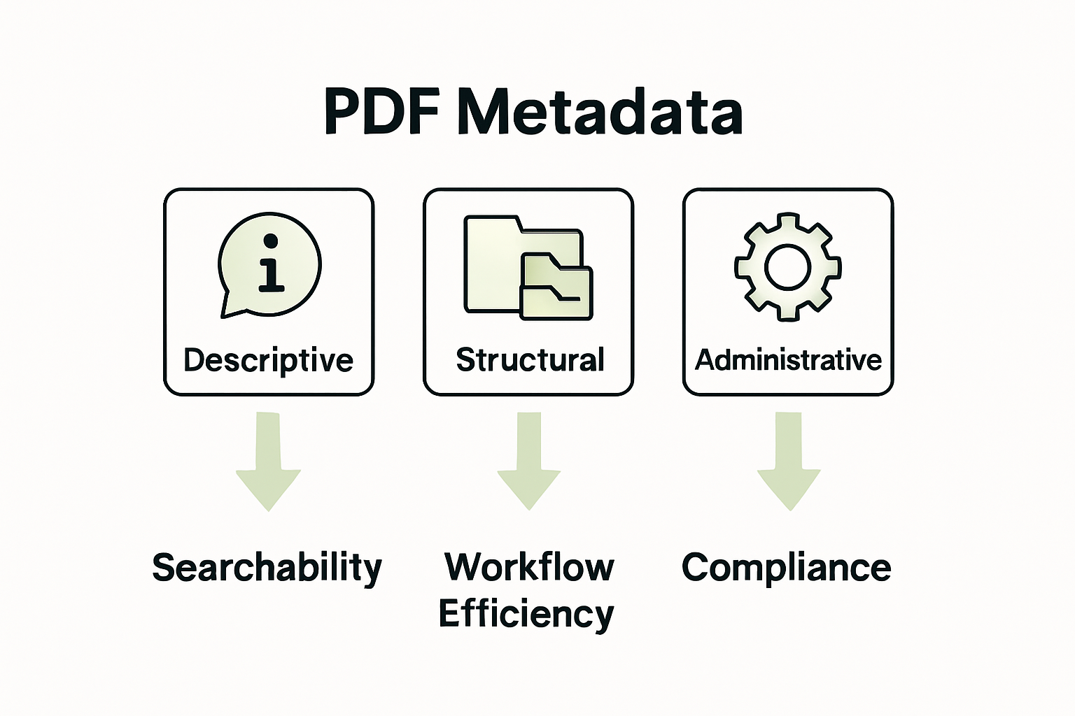 Infographic comparing descriptive, structural, and administrative PDF metadata types.