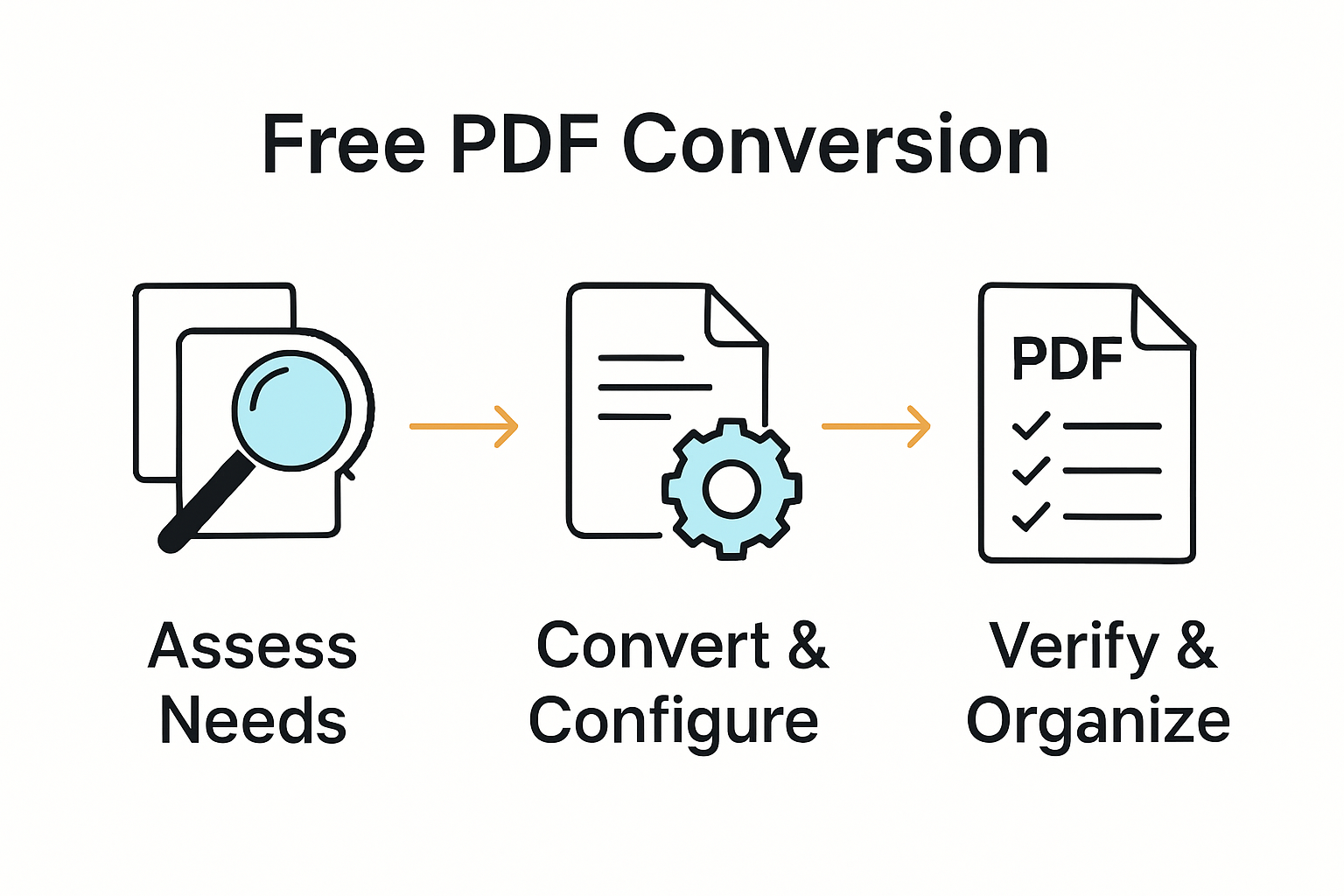 Infographic showing assess, convert, and verify steps for business PDF conversion