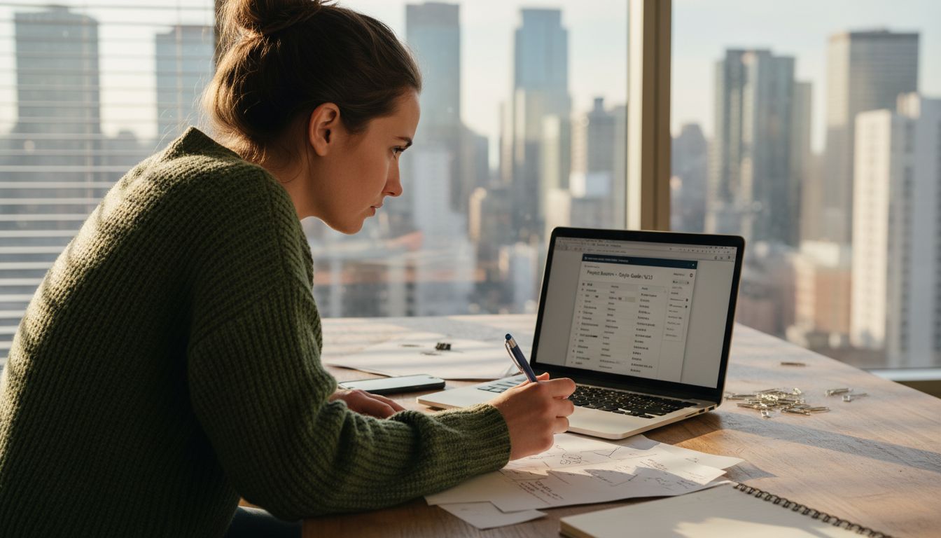 Woman checks PDF font settings on laptop