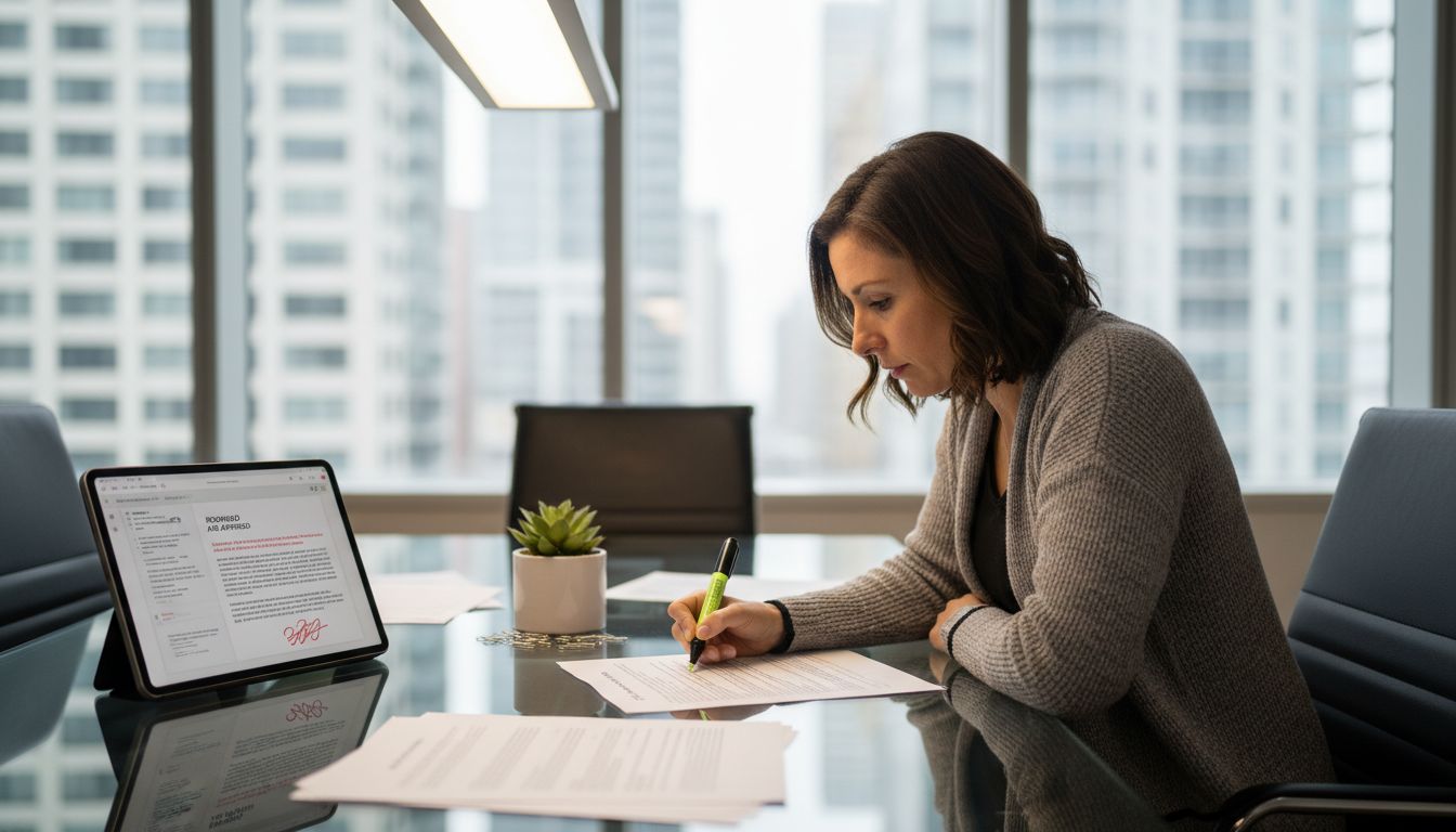 Woman annotating PDF contract at workspace