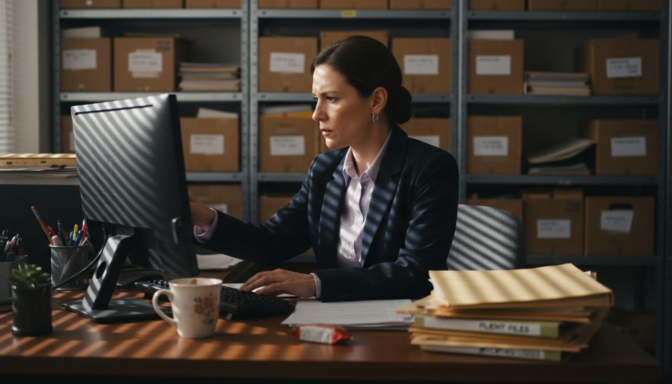 Office worker managing metadata at computer