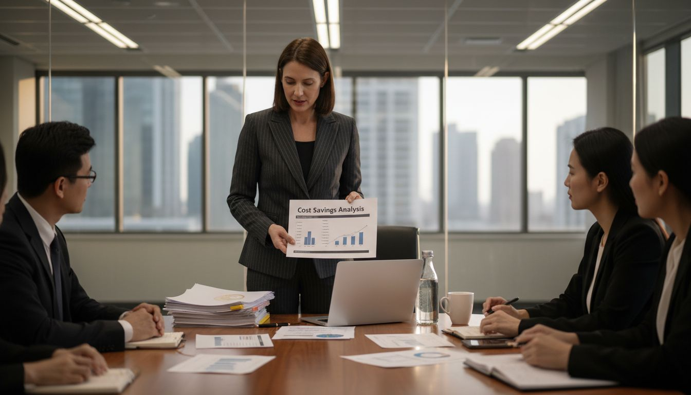 Business manager presenting cost savings analysis