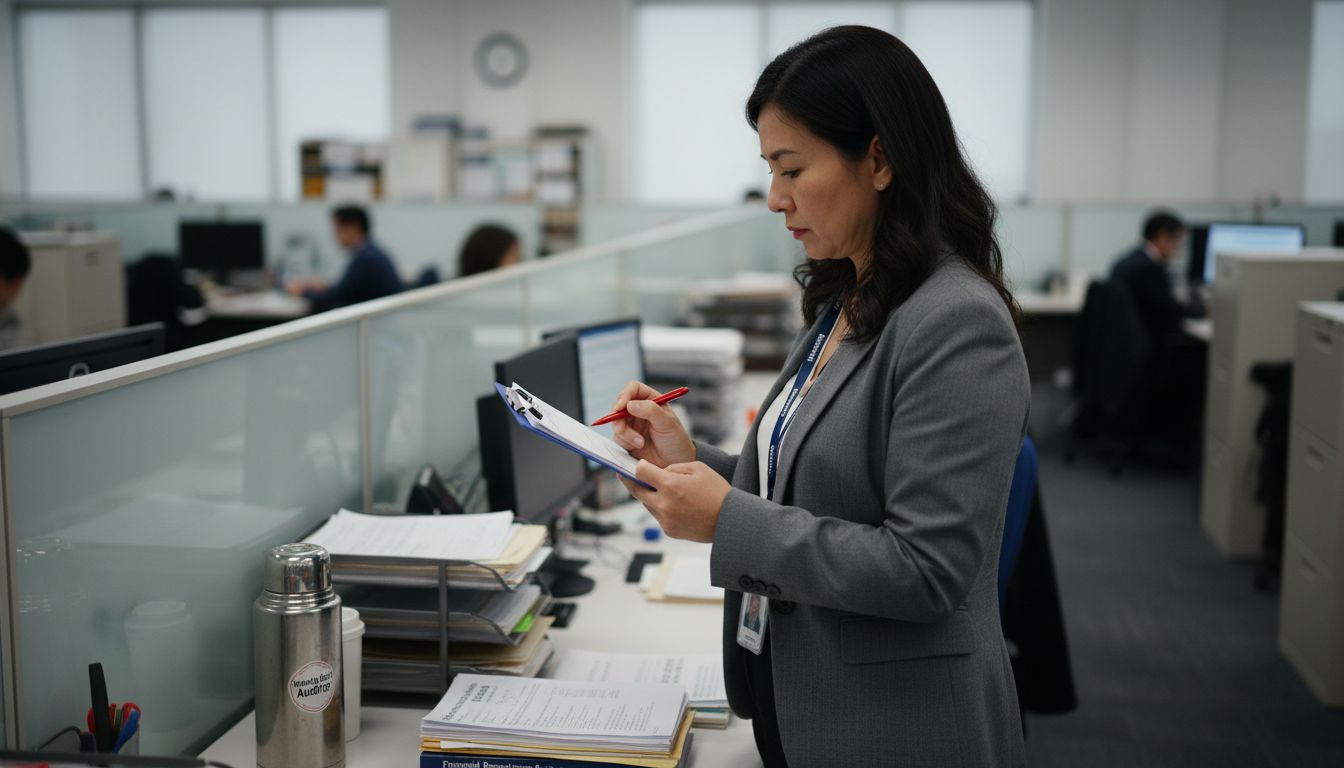 Compliance officer reviewing forms on tablet and clipboard