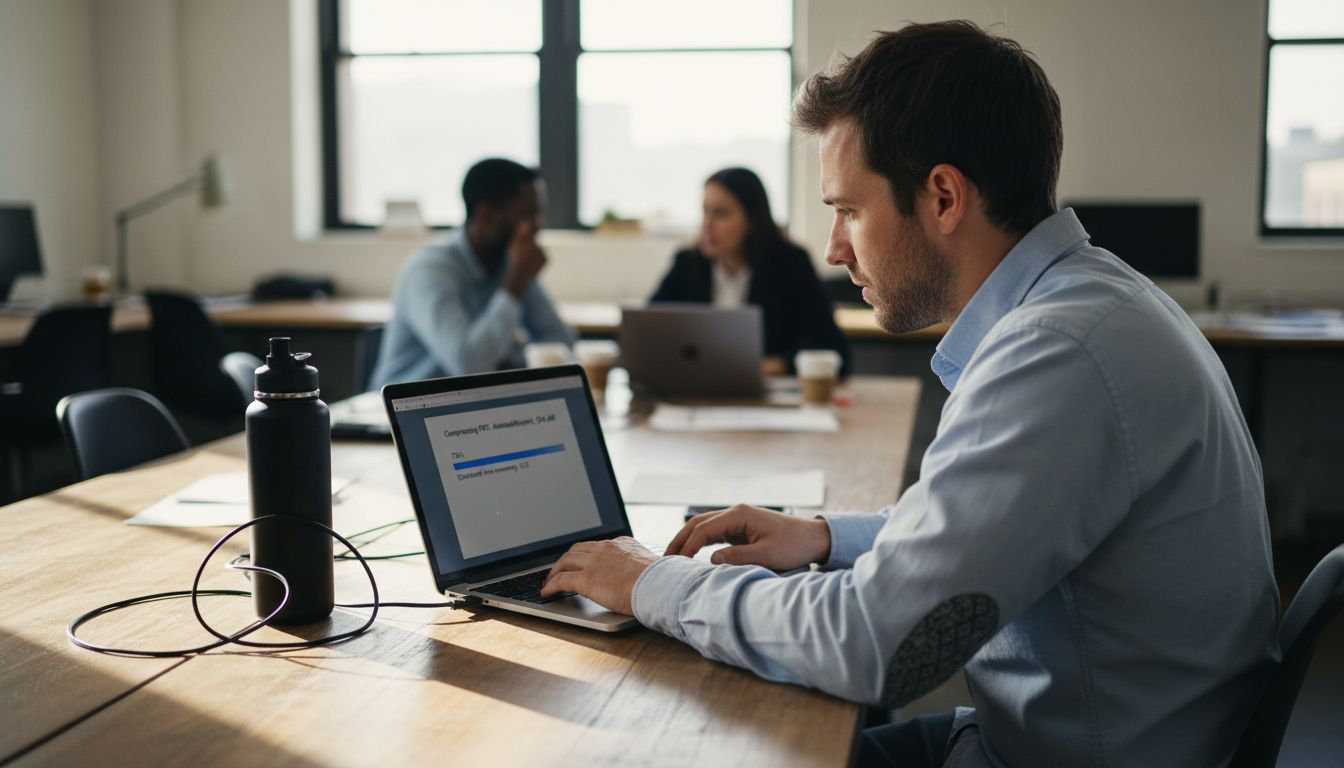 Worker monitoring PDF optimization on laptop