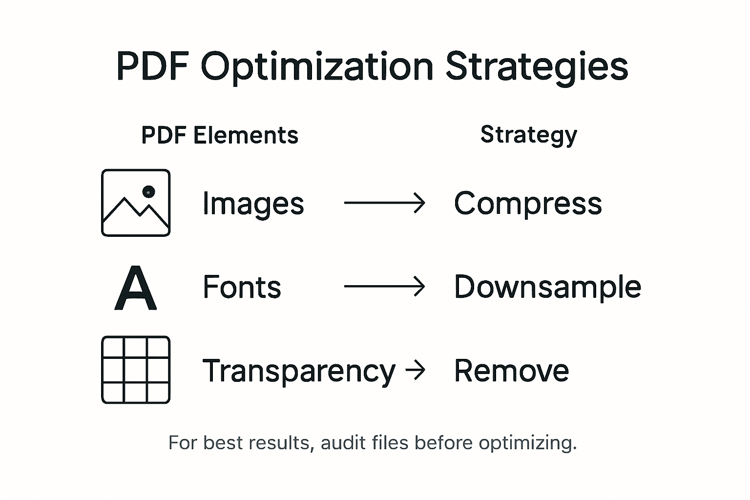 Infographic showing PDF optimization strategies and elements