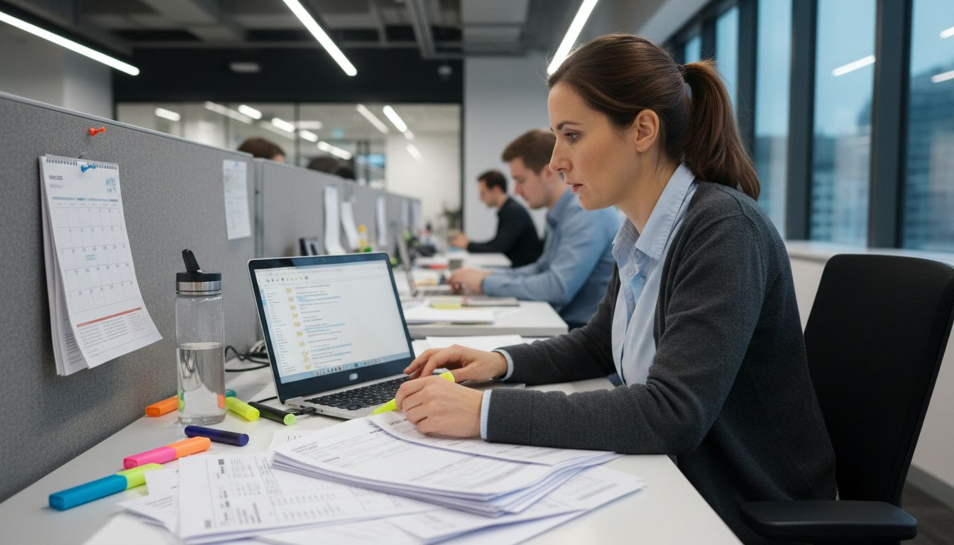 Worker automating PDF workflow at shared desk