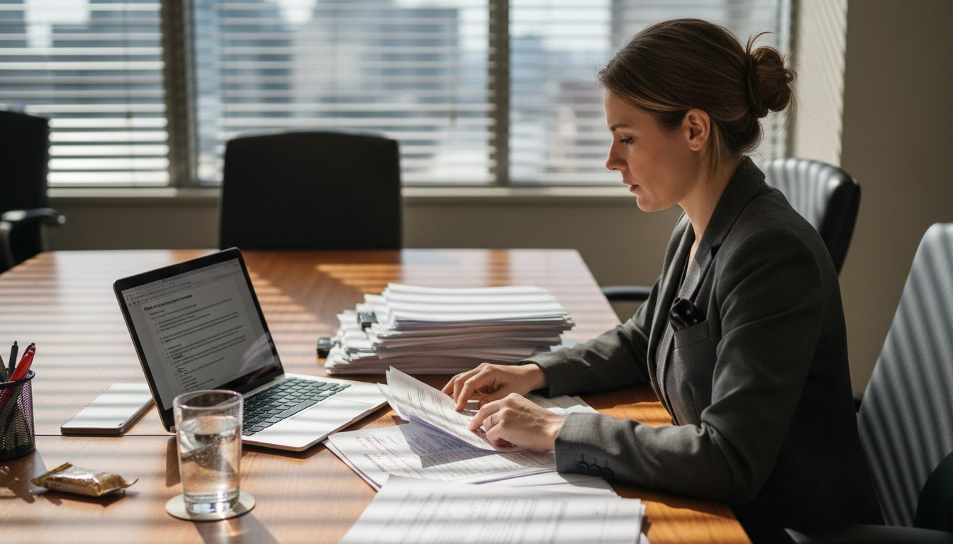 Legal analyst referencing PDF standards at conference desk