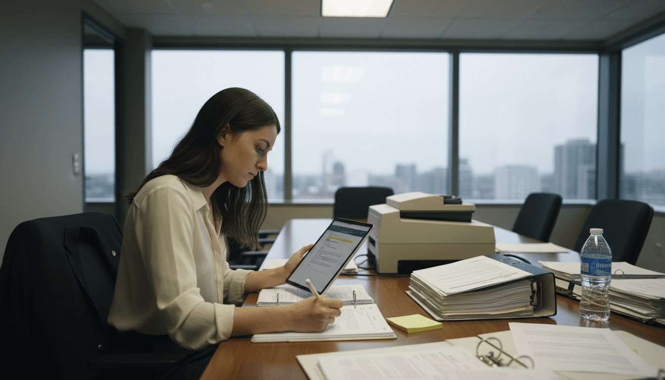 Paralegal edits contract PDF at meeting table