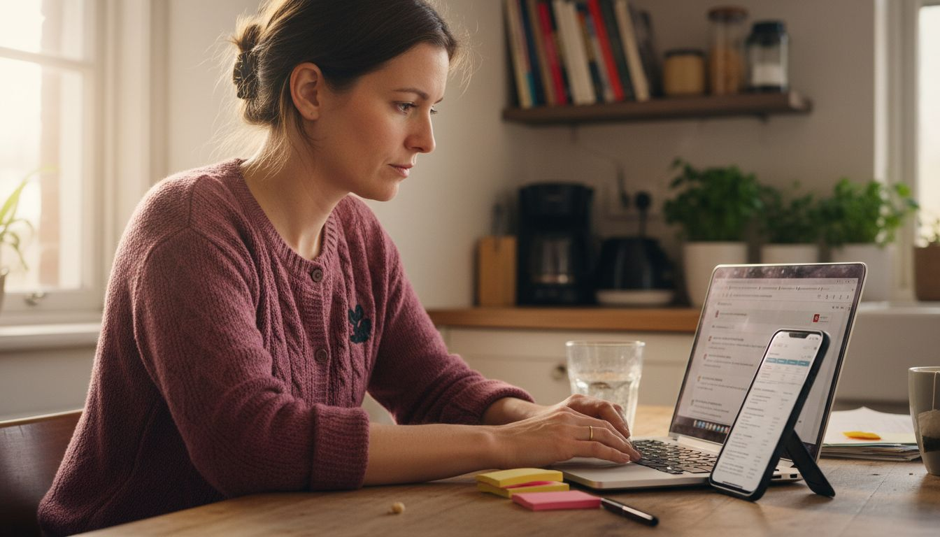 Woman comparing PDF compressor tools at kitchen table