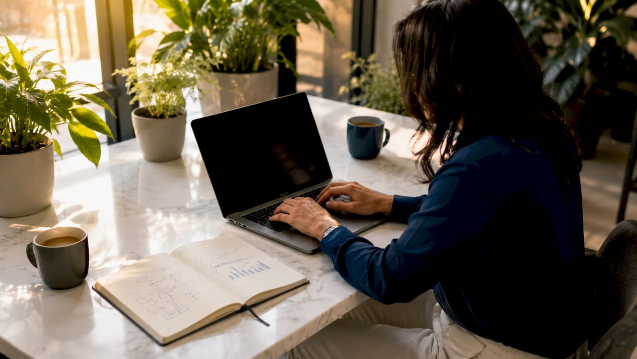 Des mains de femme tapent sur un clavier pour mettre en place un workflow automatisé