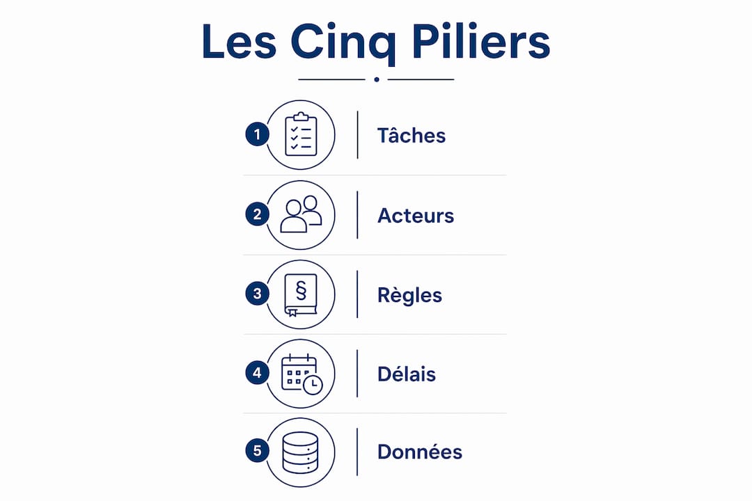Visuel présentant les cinq grands principes du workflow