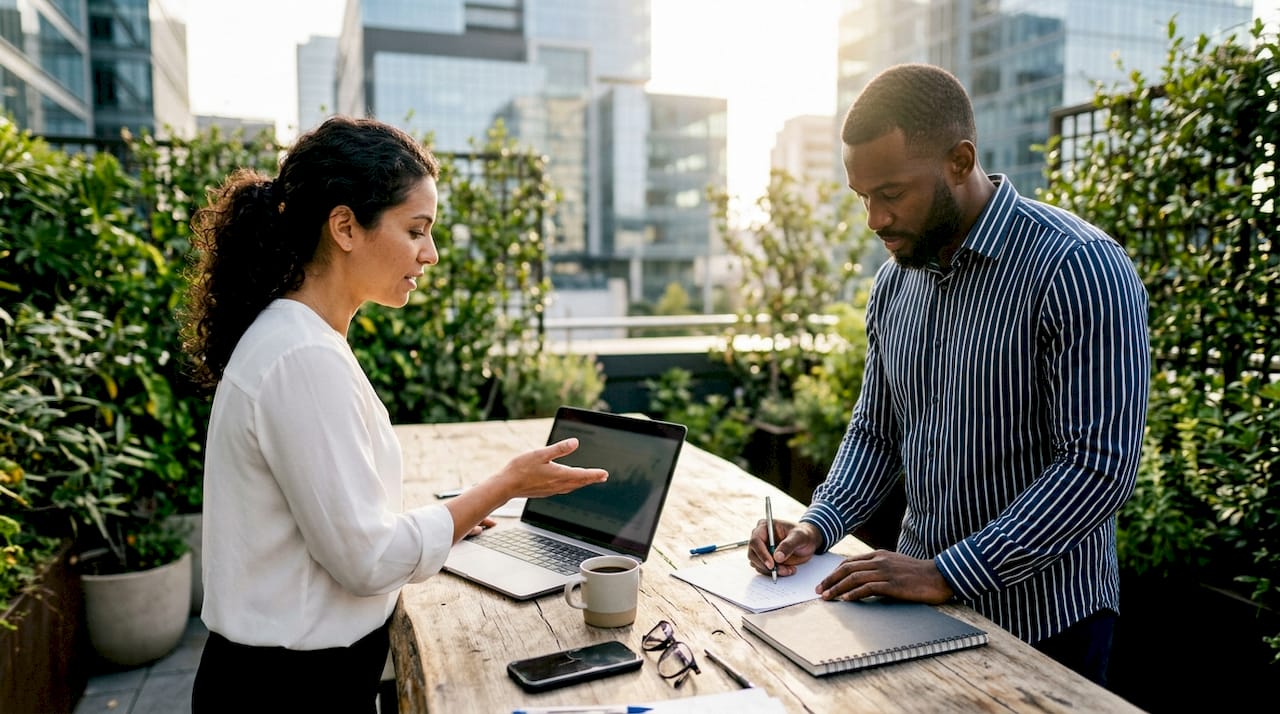 Des collaborateurs échangent en réunion sur les indicateurs de satisfaction et le retour sur investissement.