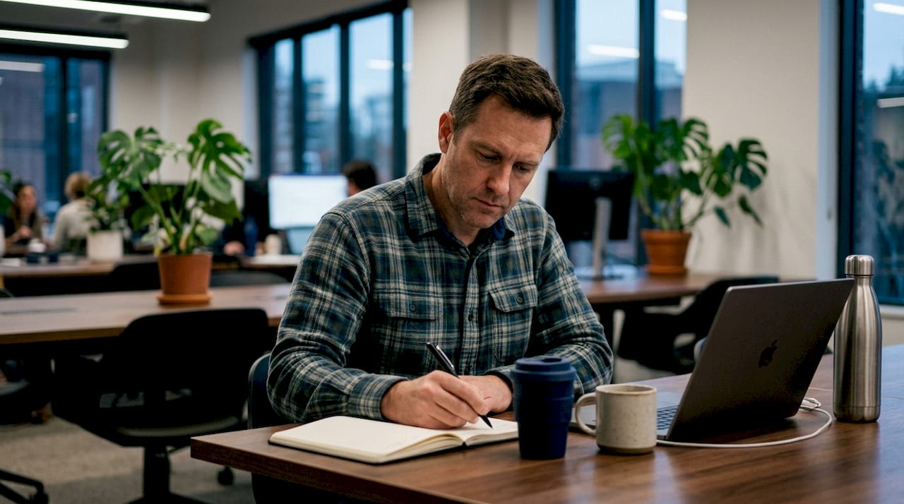 L’assistant administratif prend des notes au fur et à mesure qu’il avance dans son travail.