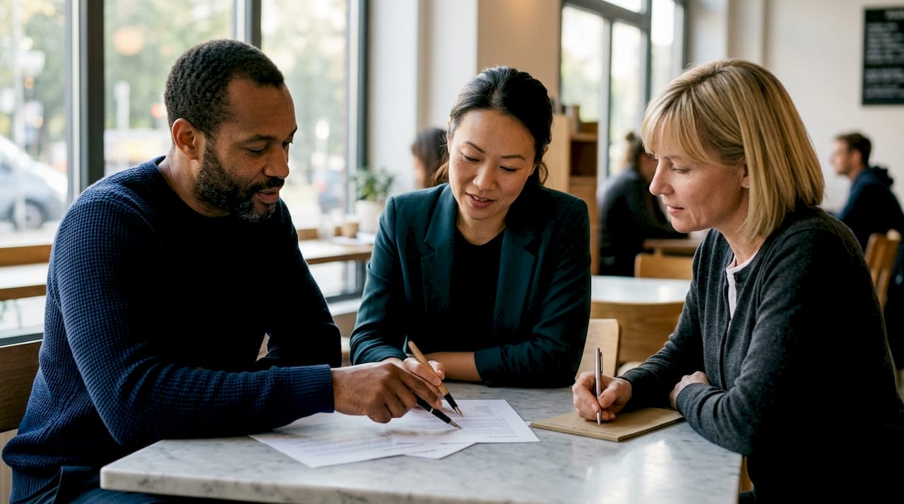Des professionnels se réunissent autour d'une table pour examiner ensemble des dossiers papier et consulter des informations sur leurs tablettes.