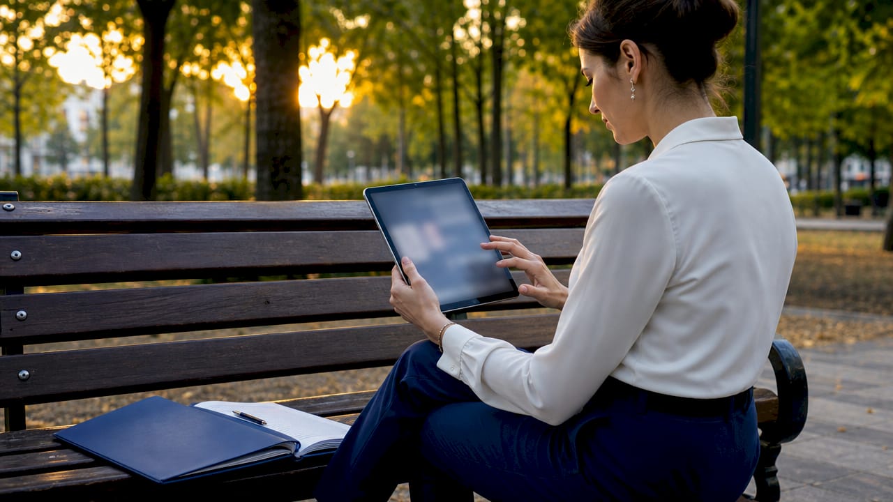 Consultant en cabinet professionnel utilisant une tablette pour gérer son CRM
