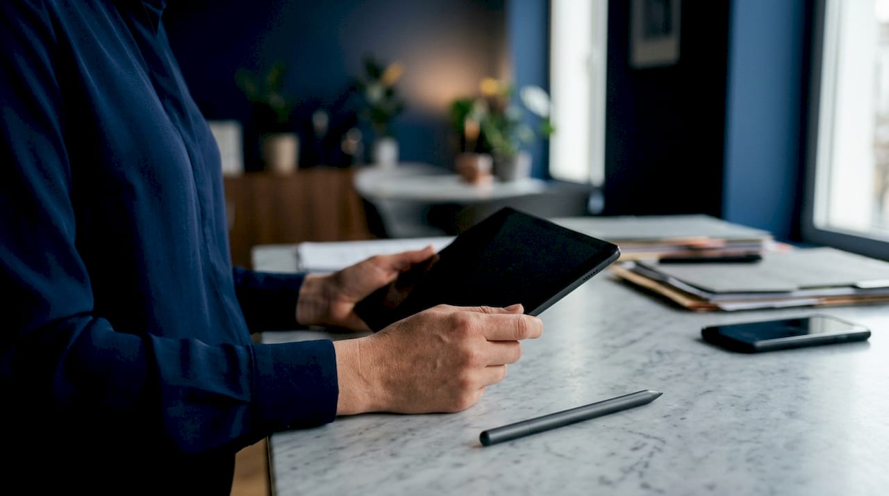 Des mains tiennent une tablette pour gérer le suivi du workflow