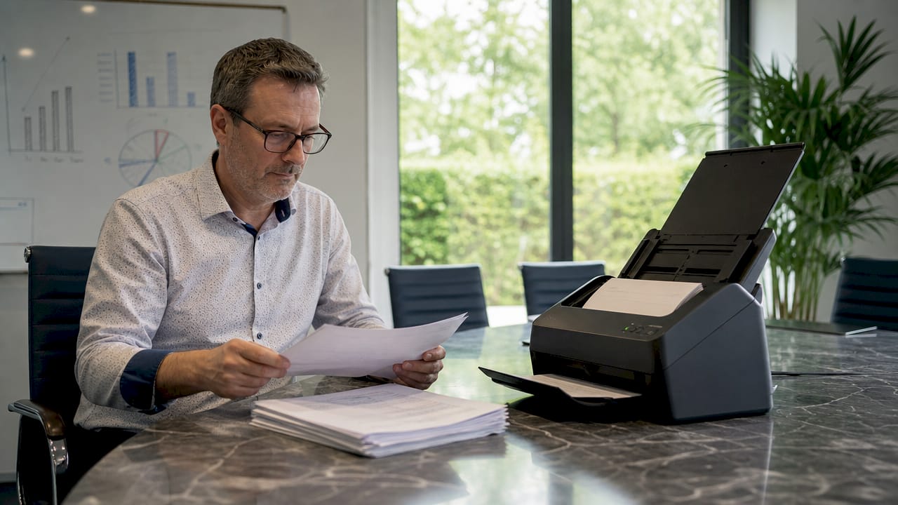 Des mains trient des factures avant de les numériser au bureau.