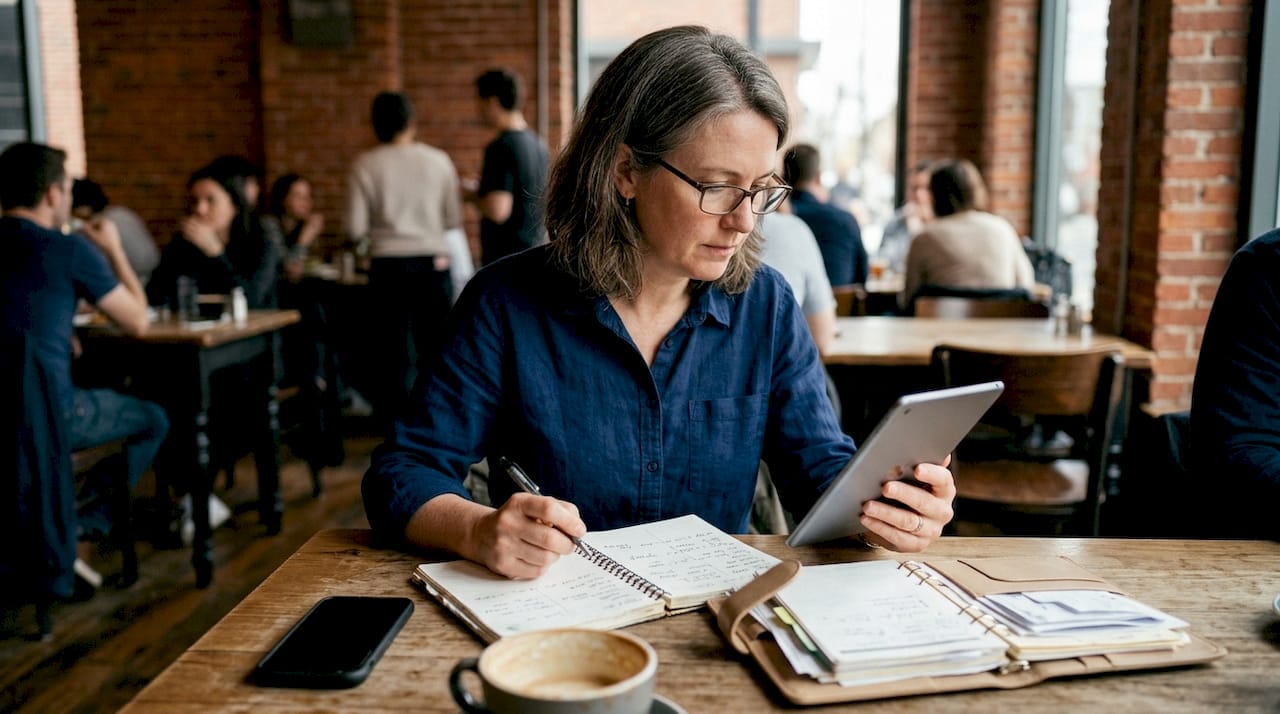 Un expert-comptable assis à son bureau, concentré sur sa tablette tout en prenant des notes.