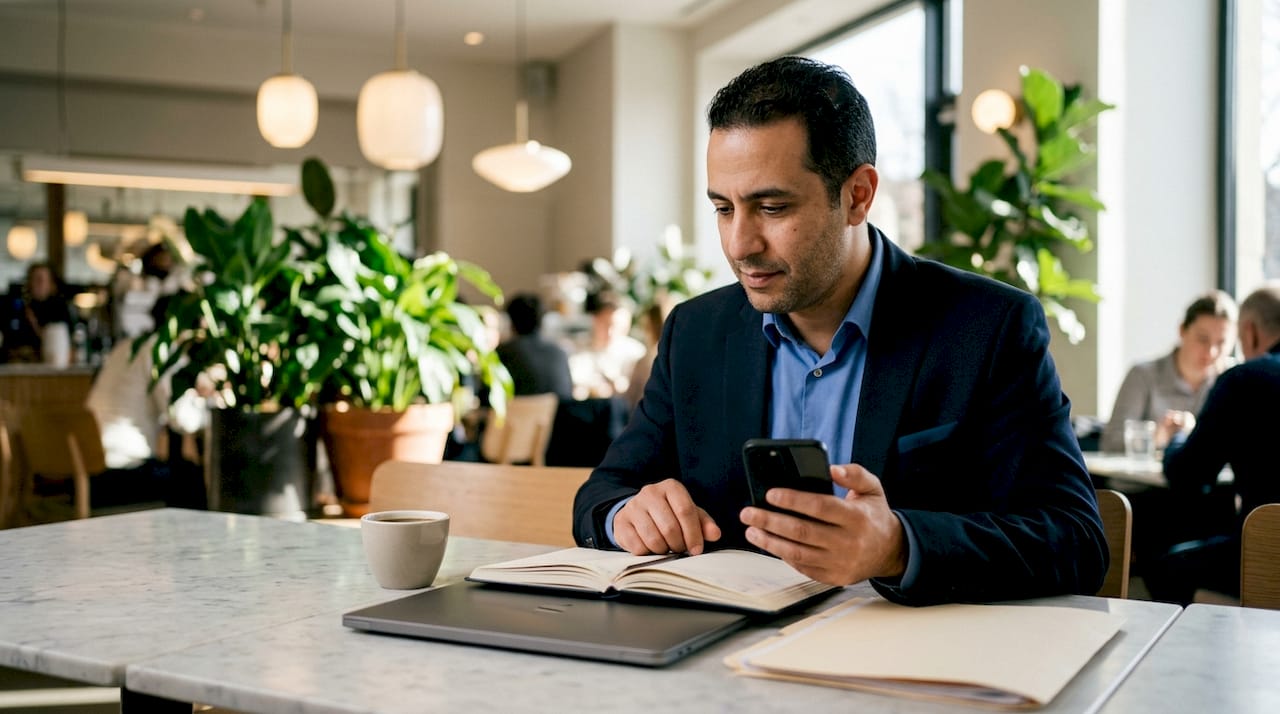 Un avocat en pleine organisation de sa journée, jonglant entre son agenda papier et son smartphone sur son bureau.