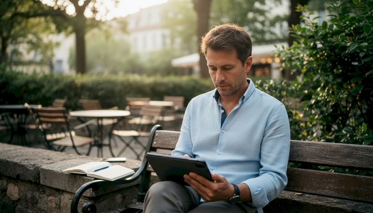 Un juriste consulte des dossiers sur sa tablette, installé à son bureau.