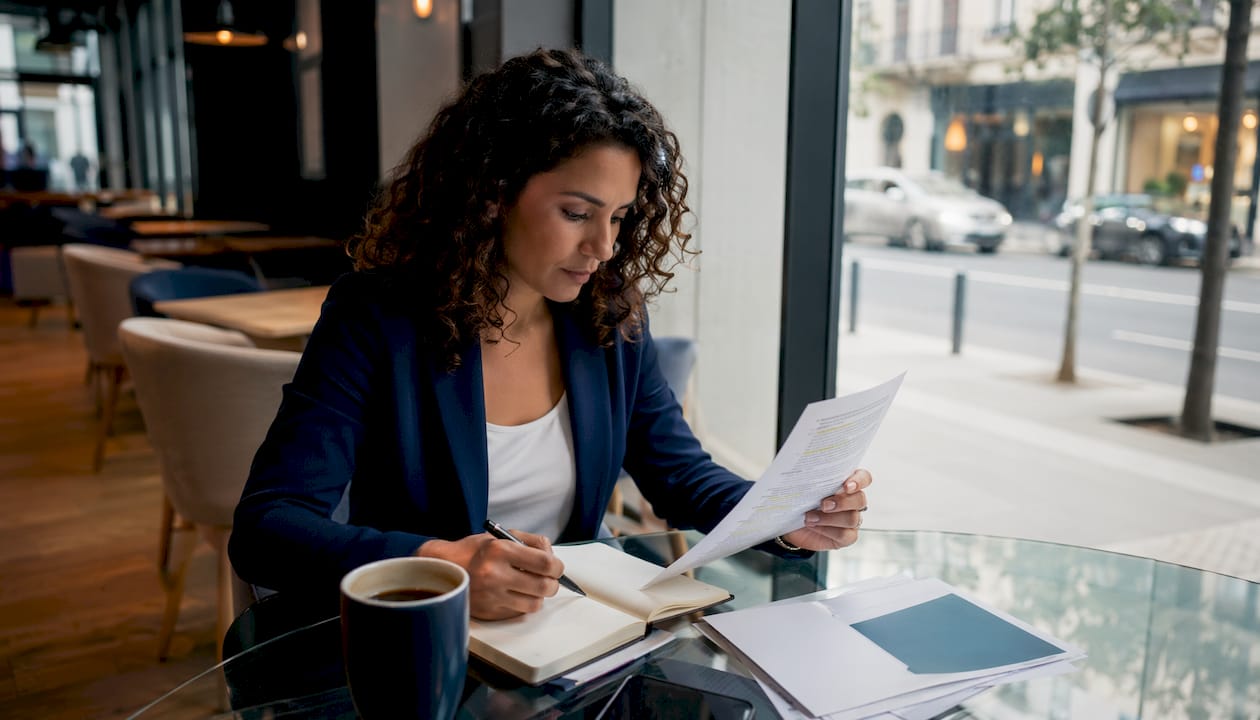 Une femme d'affaires passe en revue sa liste de tâches au bureau.