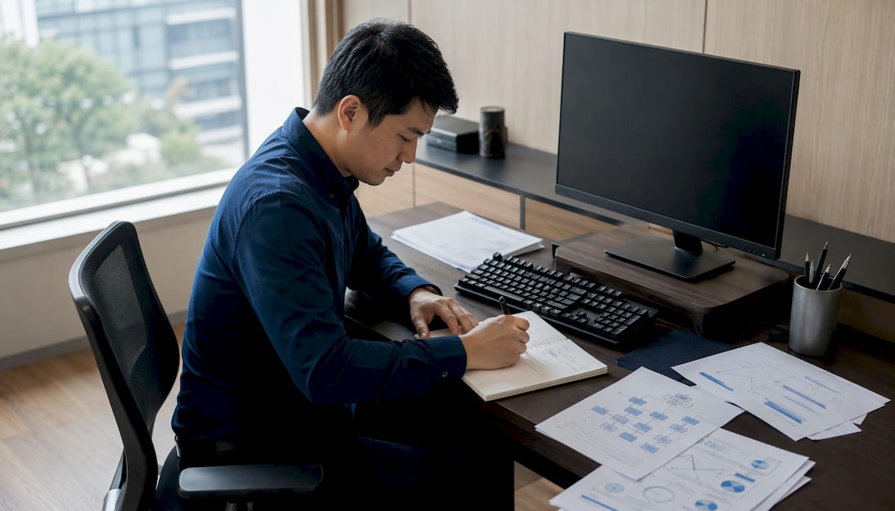 Une main en train de taper sur un clavier dans un bureau contemporain.