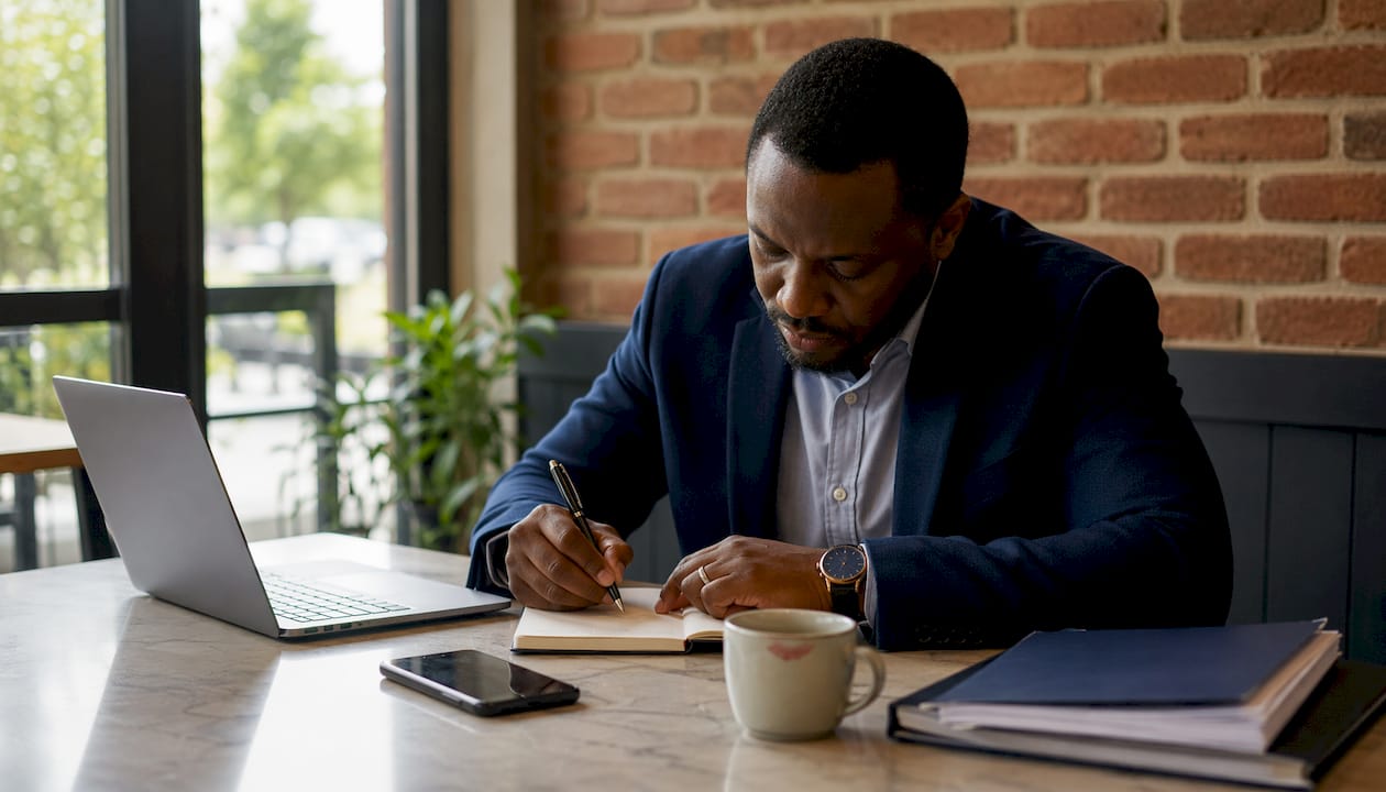 Un expert-comptable en pleine prise de notes à son bureau