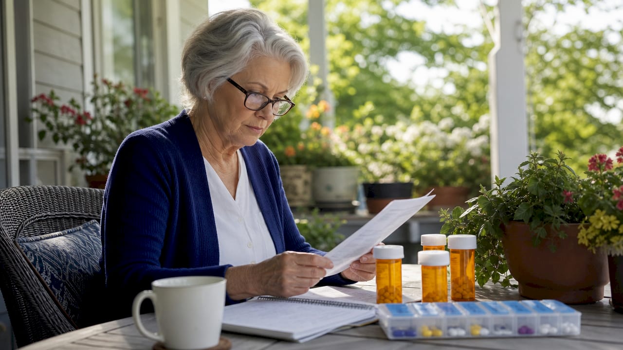 Senior organizing medication and documents at home