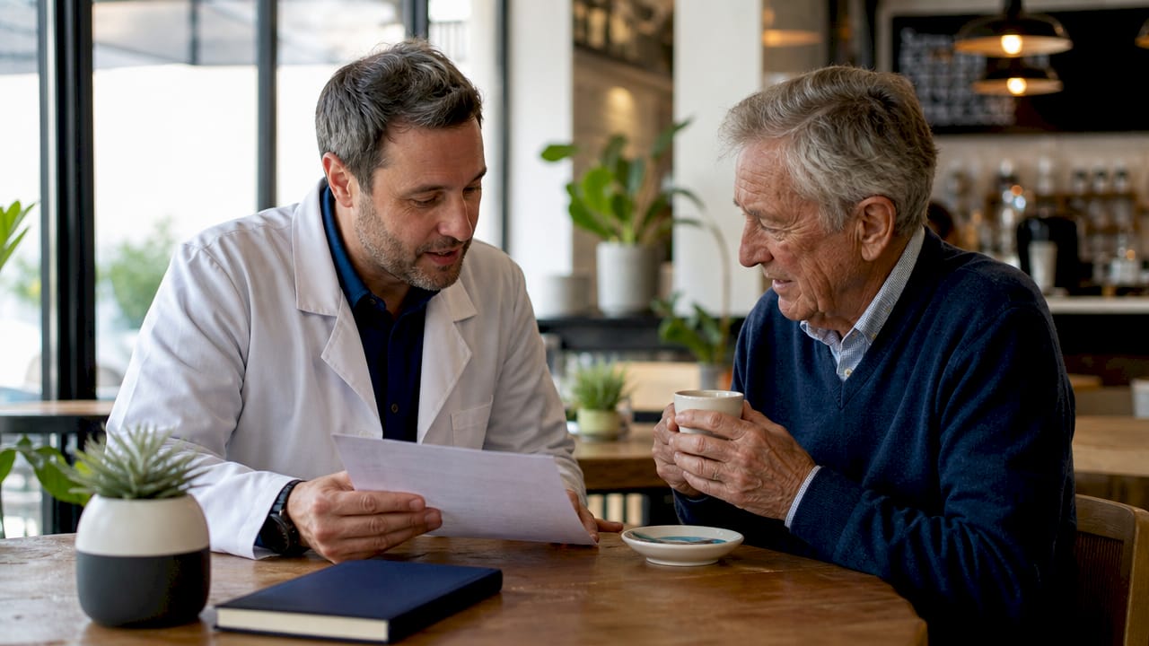 Pharmacist and elderly patient reviewing medications