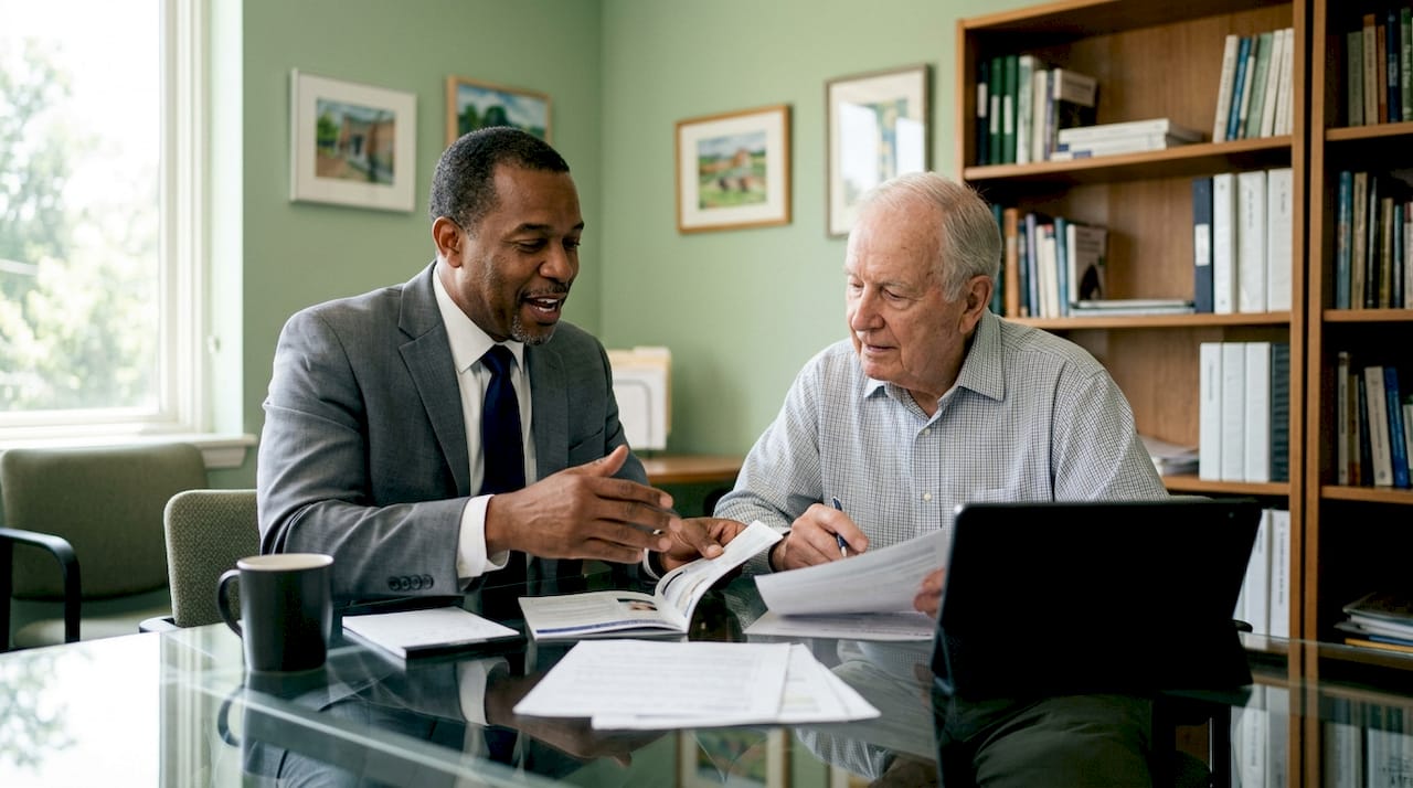Medicare counselor advising senior client in office