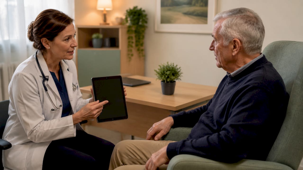 Doctor talking with senior patient during wellness visit