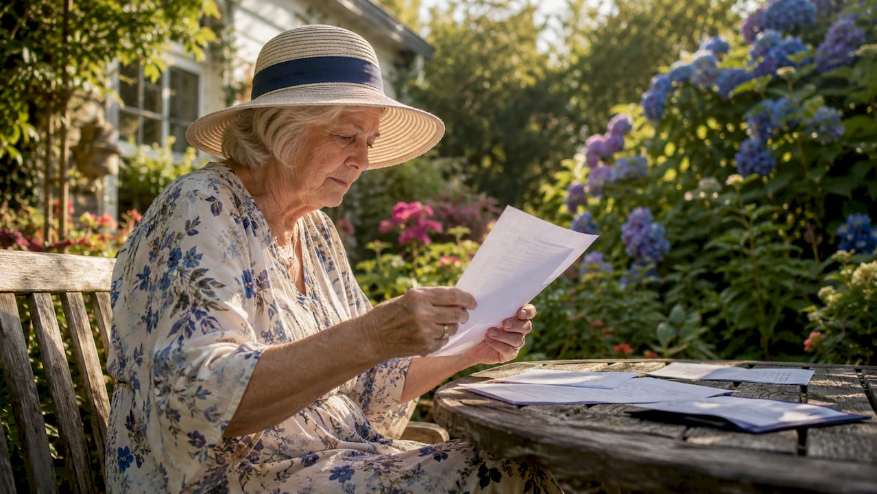 Senior woman reviewing Medicare documents at kitchen table