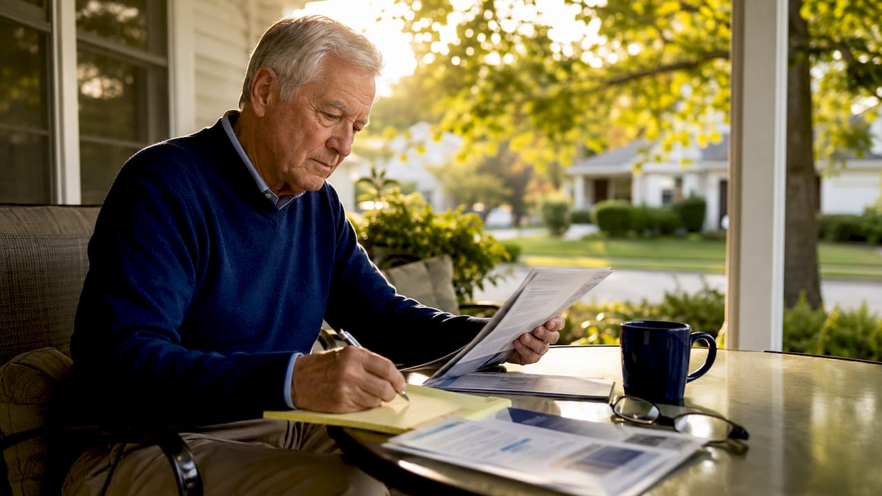 Senior man reviewing Medigap brochures at kitchen table