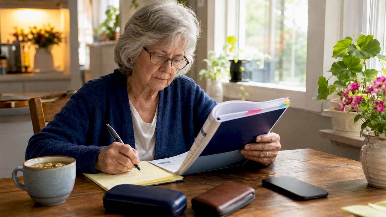 Senior woman reviewing Medicare documents at kitchen table