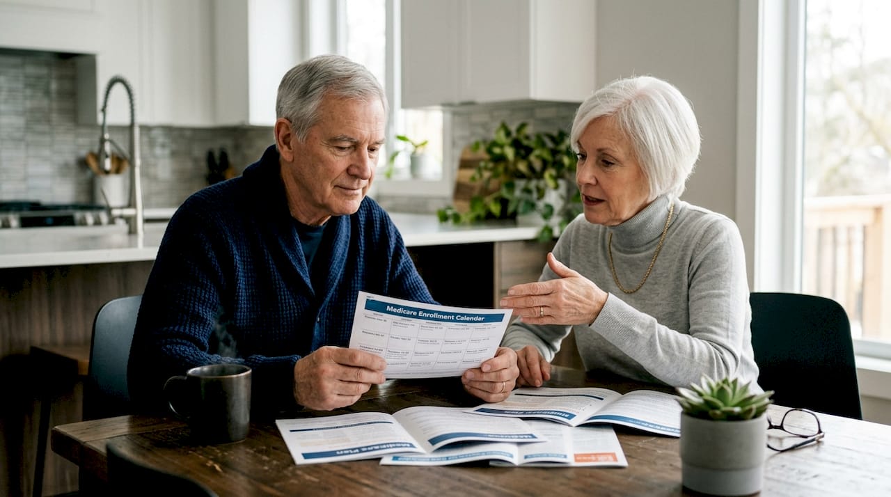 Senior couple discussing Medicare enrollment dates at home
