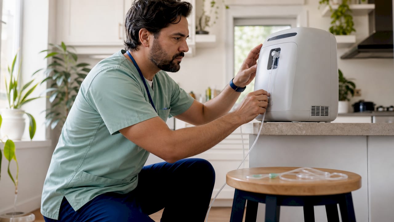 Respiratory therapist adjusting home oxygen equipment