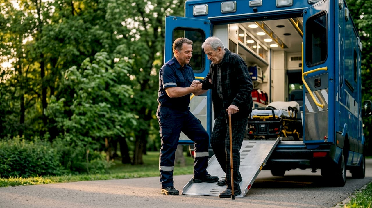 Paramedic assisting senior into ambulance outdoors
