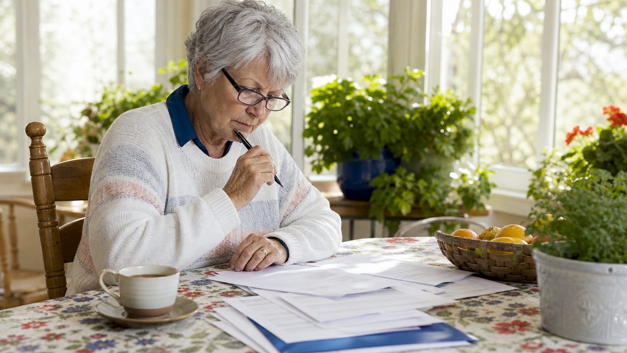 Senior woman reviewing Medicare Plan G papers at kitchen table