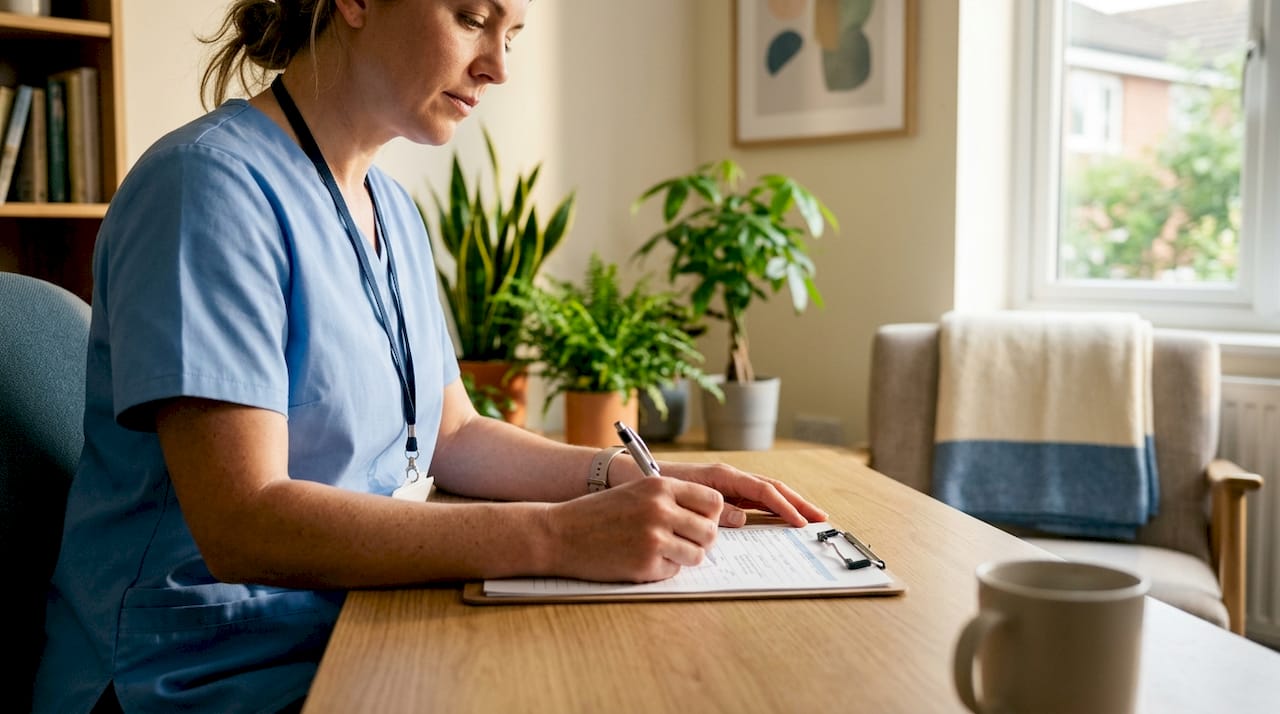 Nurse recording medical care in assisted living